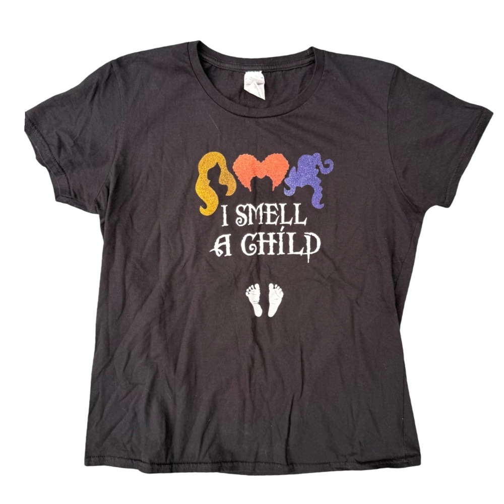 Halloween Hocus Pocus I Smell A Child Black Graphic T-Shirt Womens Medium